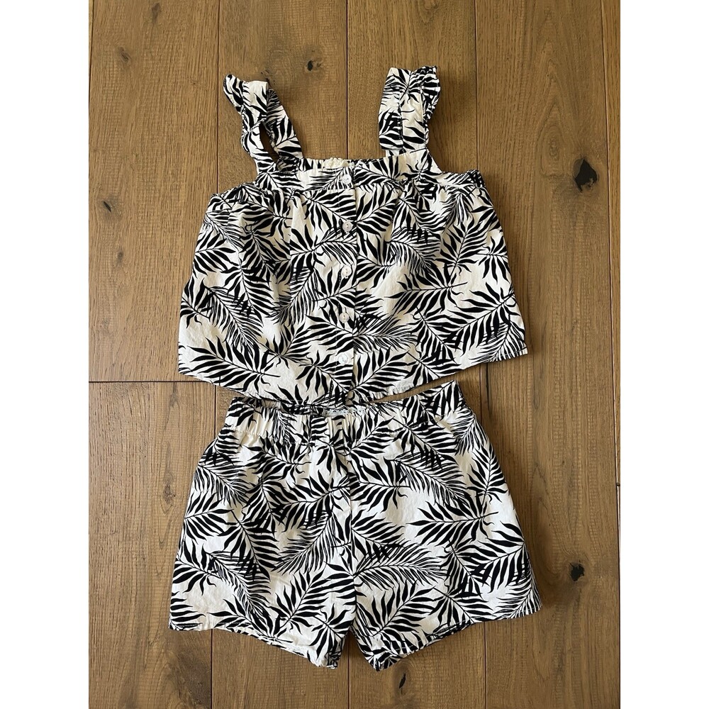 BTWEEN Girls Size 7 Tropical Palm Leaf 2-Piece Short Set Ruffle Strap Top Shorts